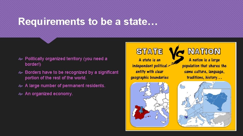 Requirements to be a state… Politically organized territory (you need a border!) Borders have