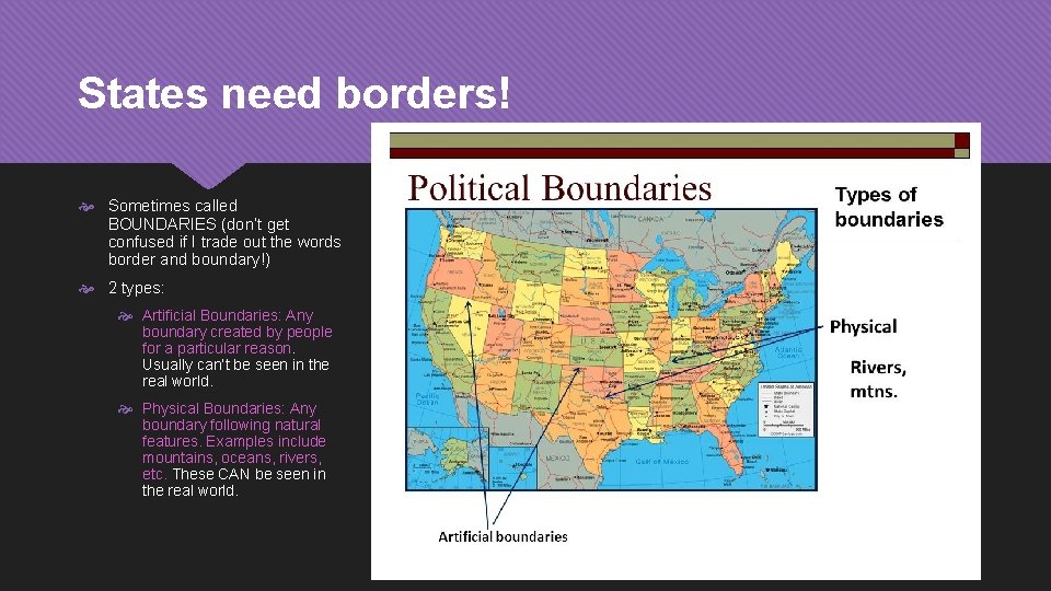 States need borders! Sometimes called BOUNDARIES (don’t get confused if I trade out the