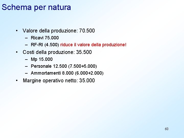 Schema per natura • Valore della produzione: 70. 500 – Ricavi 75. 000 –