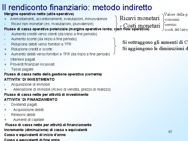 Il rendiconto finanziario: metodo indiretto Margine operativo netto (utile operativo) + Ammortamenti, accantonamenti, svalutazioni,