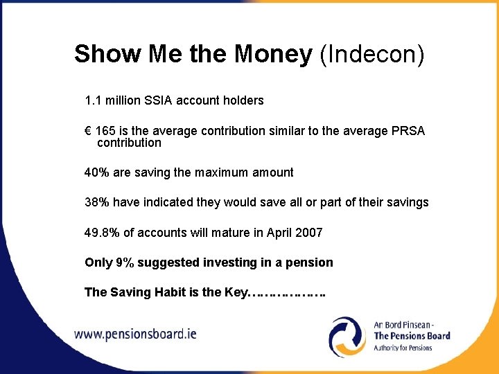 Show Me the Money (Indecon) 1. 1 million SSIA account holders € 165 is