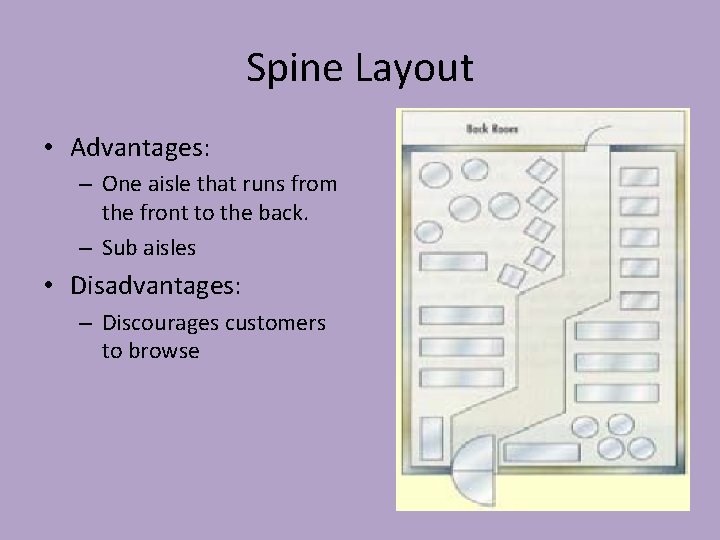 Spine Layout • Advantages: – One aisle that runs from the front to the