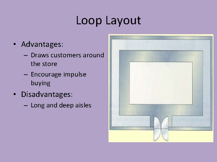 Loop Layout • Advantages: – Draws customers around the store – Encourage impulse buying