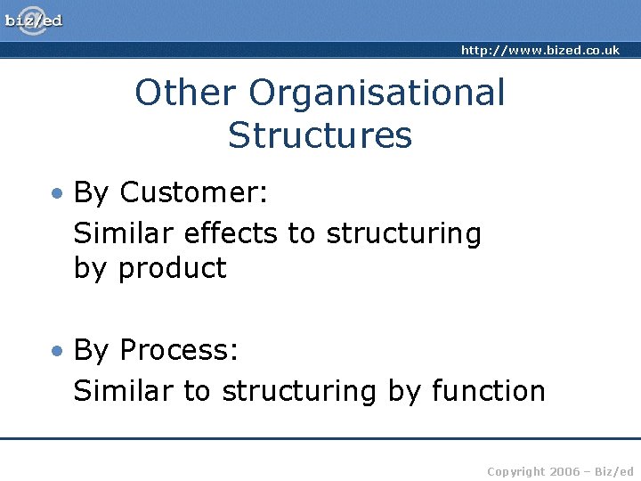 http: //www. bized. co. uk Other Organisational Structures • By Customer: Similar effects to