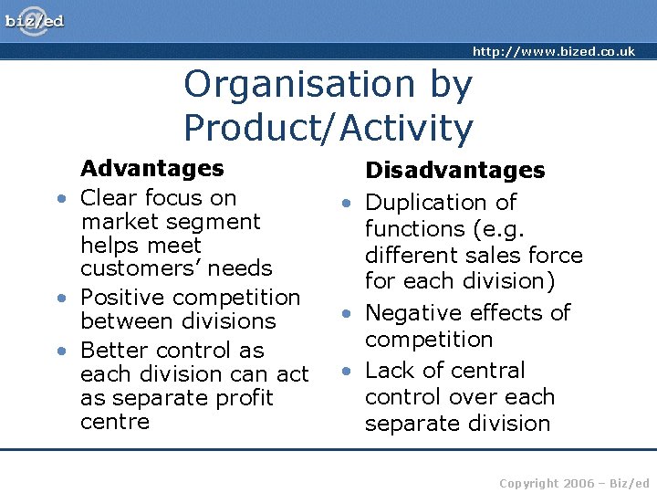 http: //www. bized. co. uk Organisation by Product/Activity Advantages • Clear focus on market