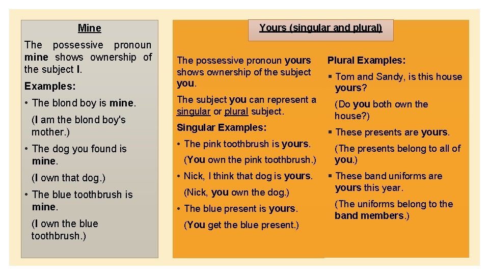 Mine The possessive pronoun mine shows ownership of the subject I. Examples: • The