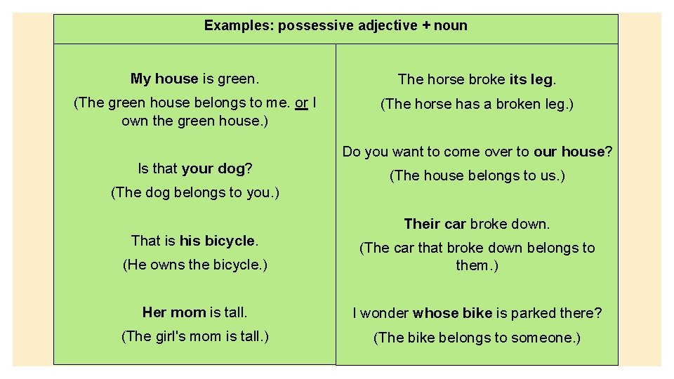 Examples: possessive adjective + noun My house is green. The horse broke its leg.
