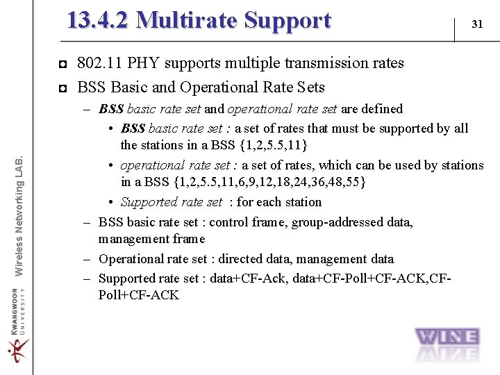 13. 4. 2 Multirate Support 31 Wireless Networking LAB. ◘ 802. 11 PHY supports