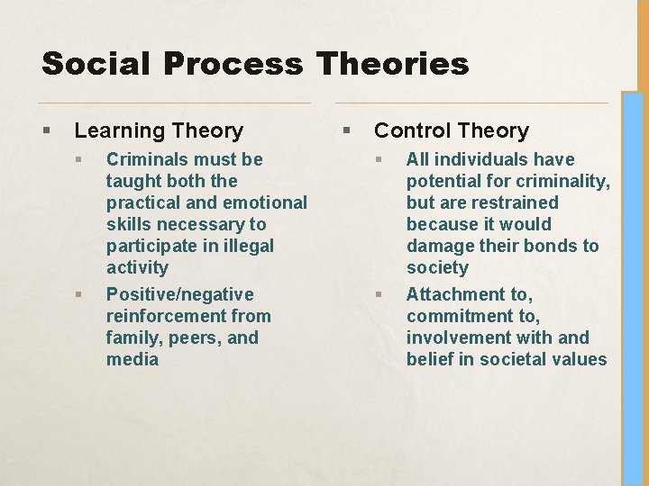 Social Process Theories § Learning Theory § § Criminals must be taught both the