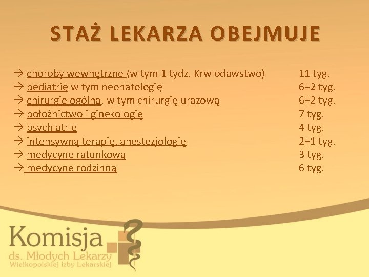 STAŻ LEKARZA OBEJMUJE choroby wewnętrzne (w tym 1 tydz. Krwiodawstwo) pediatrię w tym neonatologię