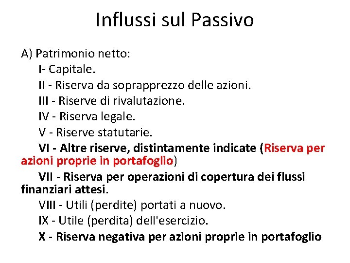 Influssi sul Passivo A) Patrimonio netto: I- Capitale. II - Riserva da soprapprezzo delle