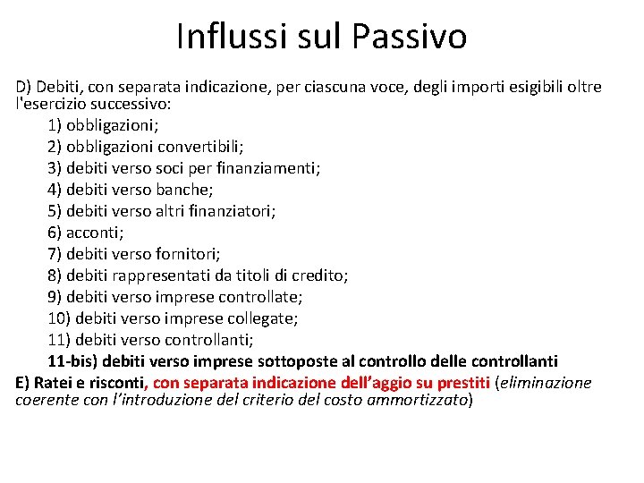 Influssi sul Passivo D) Debiti, con separata indicazione, per ciascuna voce, degli importi esigibili