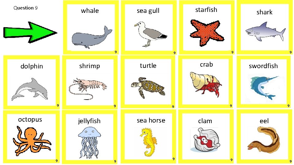 Question 9 whale 9 9 octopus 9 9 crab 9 swordfish 9 eel clam