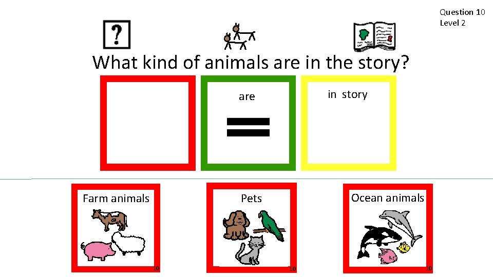 Question 10 Level 2 What kind of animals are in the story? in story