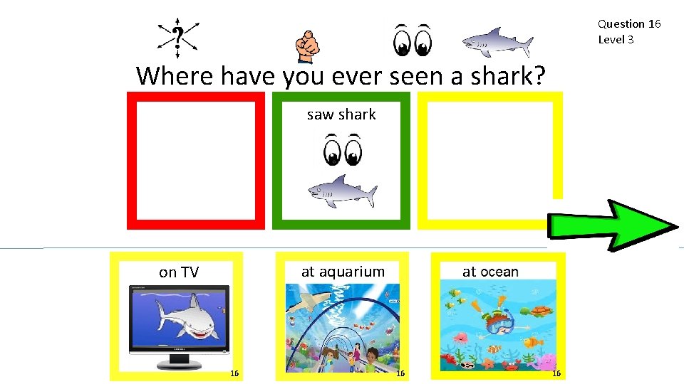 Question 16 Level 3 Where have you ever seen a shark? saw shark at