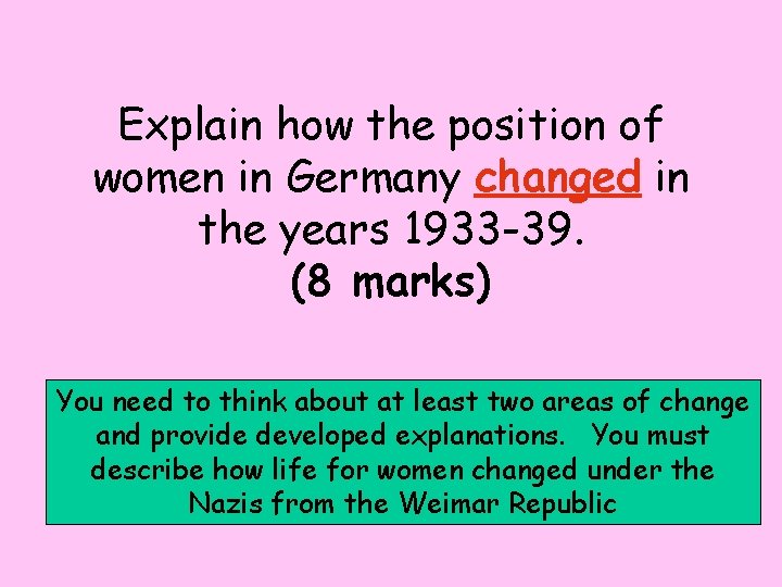 Explain how the position of women in Germany changed in the years 1933 -39.