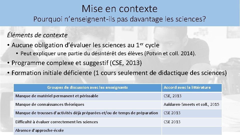 Mise en contexte Pourquoi n’enseignent-ils pas davantage les sciences? Éléments de contexte • Aucune