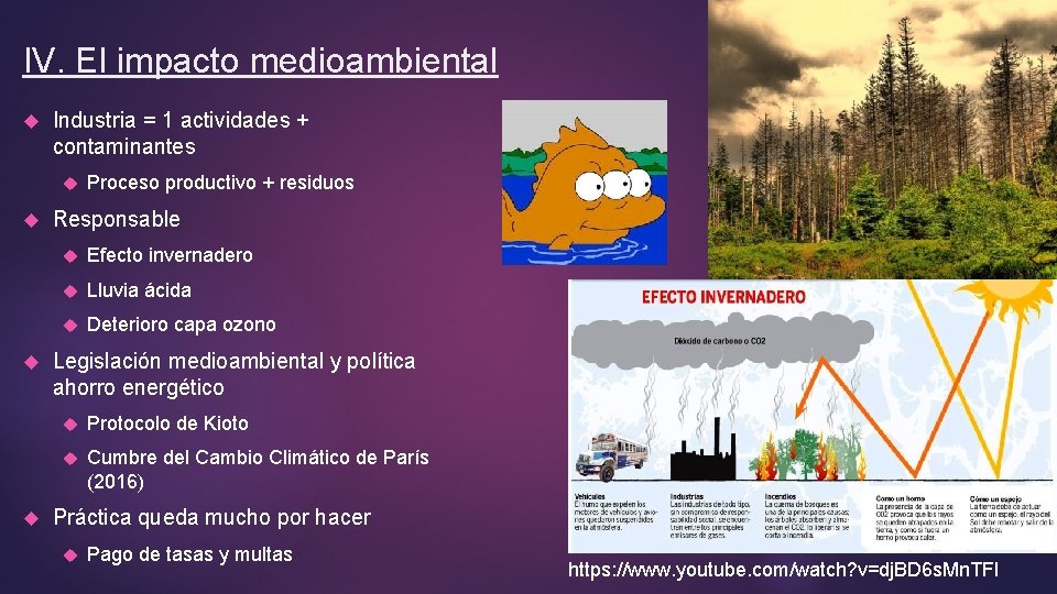 IV. El impacto medioambiental Industria = 1 actividades + contaminantes Proceso productivo + residuos