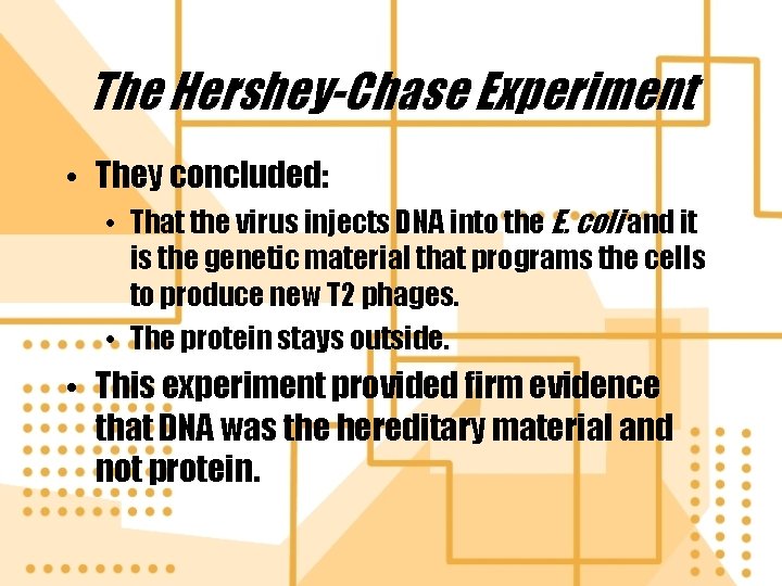 The Hershey-Chase Experiment • They concluded: • That the virus injects DNA into the