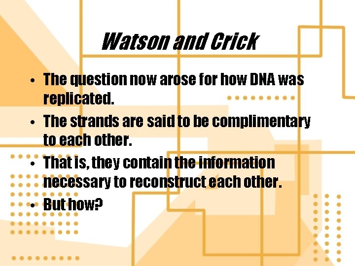 Watson and Crick • The question now arose for how DNA was replicated. •