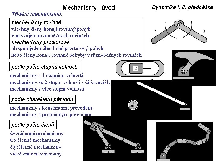 Mechanismy - úvod Třídění mechanismů. mechanismy rovinné všechny členy konají rovinný pohyb v navzájem