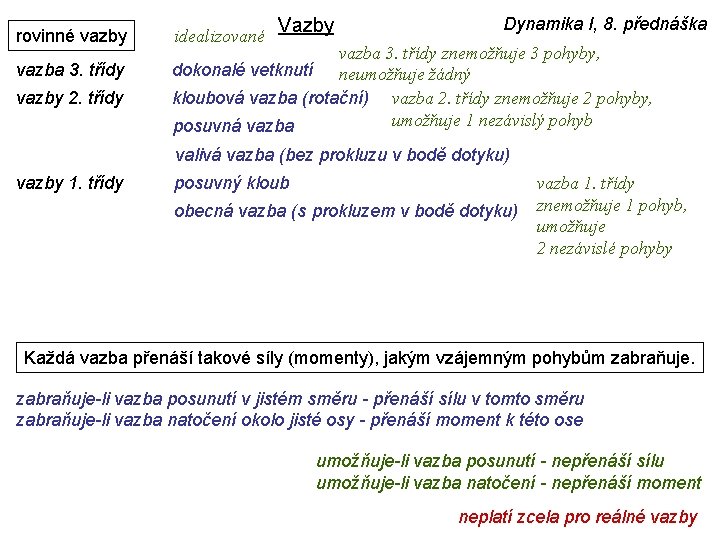 rovinné vazby vazba 3. třídy vazby 2. třídy idealizované Vazby Dynamika I, 8. přednáška