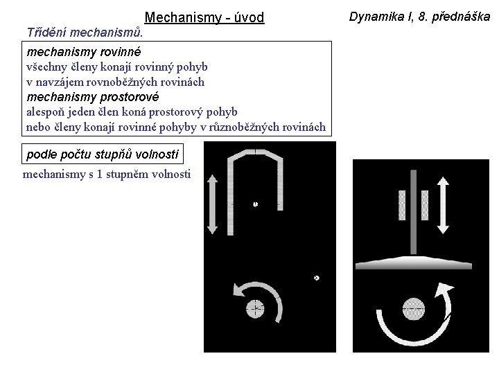 Mechanismy - úvod Třídění mechanismů. mechanismy rovinné všechny členy konají rovinný pohyb v navzájem