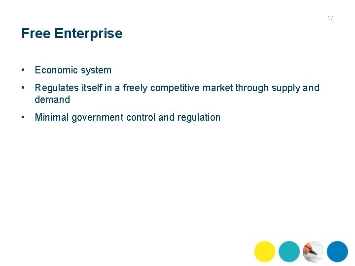 17 Free Enterprise • Economic system • Regulates itself in a freely competitive market