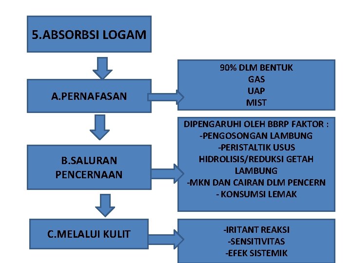 5. ABSORBSI LOGAM A. PERNAFASAN B. SALURAN PENCERNAAN C. MELALUI KULIT 90% DLM BENTUK