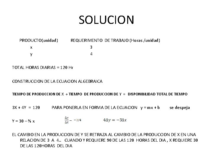 SOLUCION PRODUCTO(unidad) x y REQUERIMENTO DE TRABAJO (Horas /unidad) 3 4 TOTAL HORAS DIARIAS