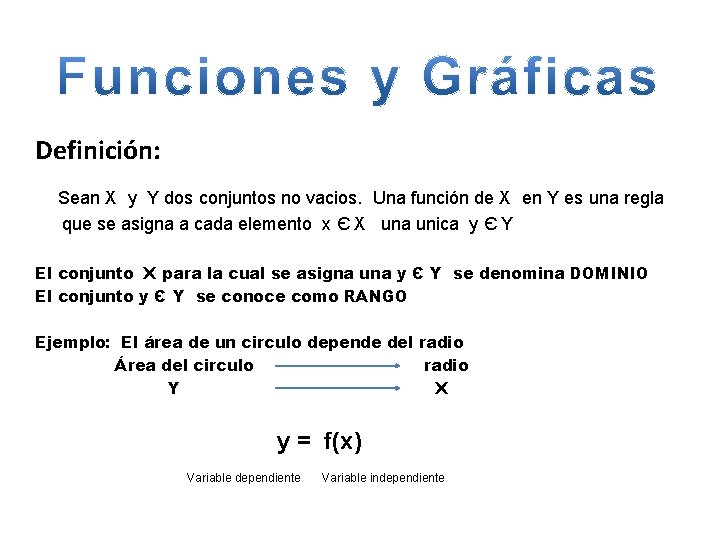 Definición: Sean X y Y dos conjuntos no vacios. Una función de X en