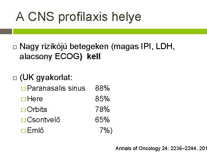 A CNS profilaxis helye Nagy rizikójú betegeken (magas IPI, LDH, alacsony ECOG) kell (UK