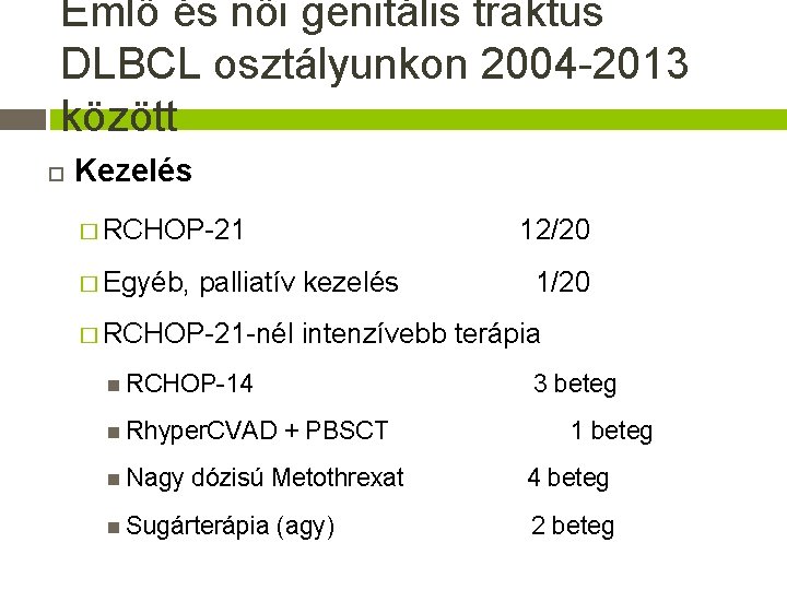 Emlő és női genitális traktus DLBCL osztályunkon 2004 -2013 között Kezelés � RCHOP-21 �