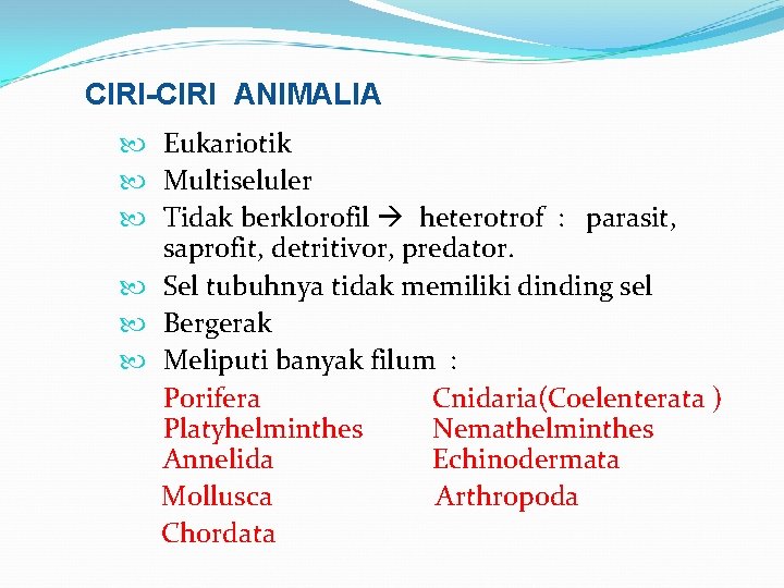 CIRI-CIRI ANIMALIA Eukariotik Multiseluler Tidak berklorofil heterotrof : parasit, saprofit, detritivor, predator. Sel tubuhnya