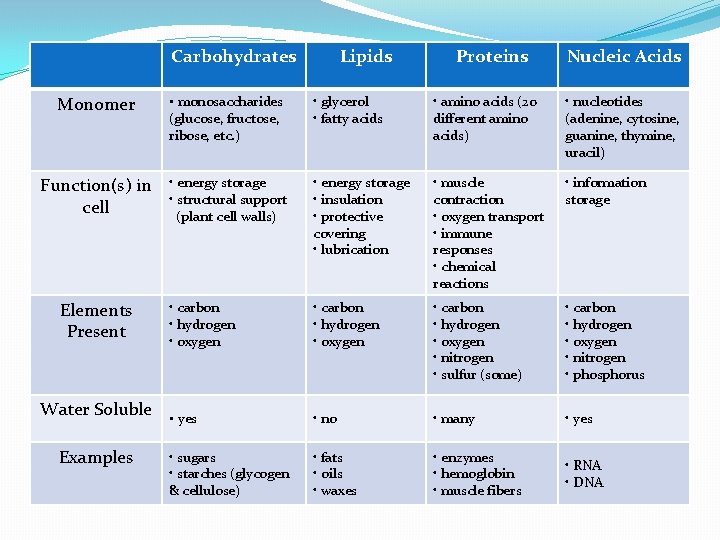 Carbohydrates Lipids Proteins Nucleic Acids Monomer • monosaccharides (glucose, fructose, ribose, etc. ) •