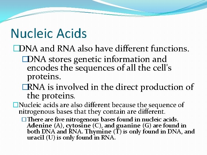 Nucleic Acids �DNA and RNA also have different functions. �DNA stores genetic information and