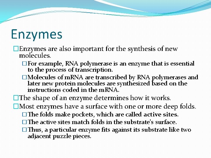 Enzymes �Enzymes are also important for the synthesis of new molecules. �For example, RNA