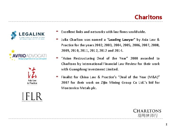 Charltons Excellent links and networks with law firms worldwide. Julia Charlton was named a