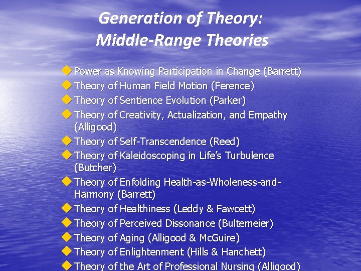 Generation of Theory: Middle-Range Theories u Power as Knowing Participation in Change (Barrett) u