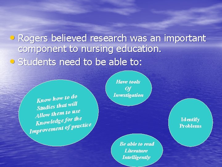 • Rogers believed research was an important component to nursing education. • Students