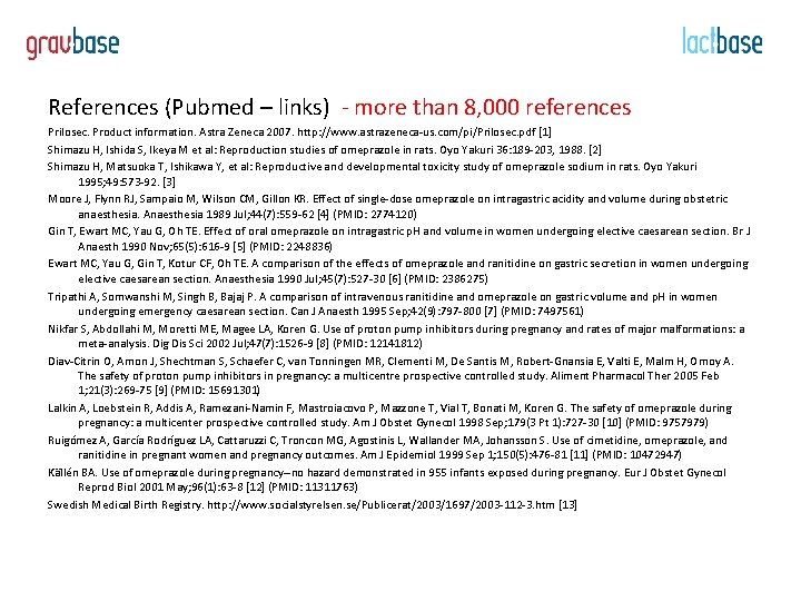 References (Pubmed – links) - more than 8, 000 references Prilosec. Product information. Astra