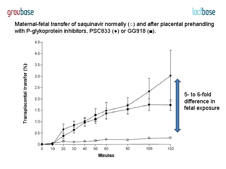 Maternal-fetal transfer of saquinavir normally (○) and after placental prehandling with P-glykoprotein inhibitors, PSC