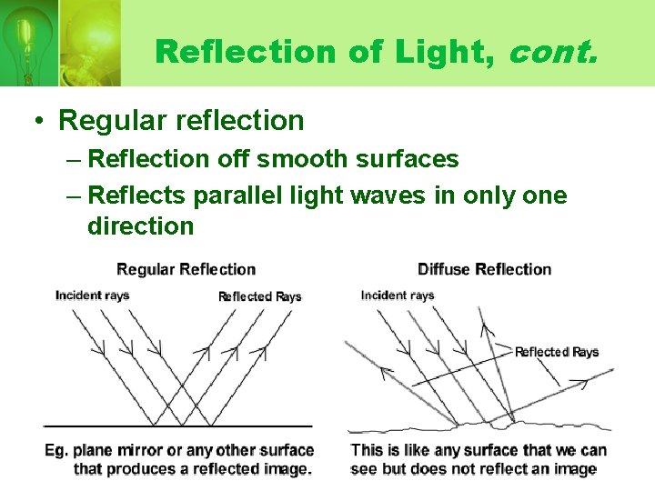 Reflection of Light, cont. • Regular reflection – Reflection off smooth surfaces – Reflects