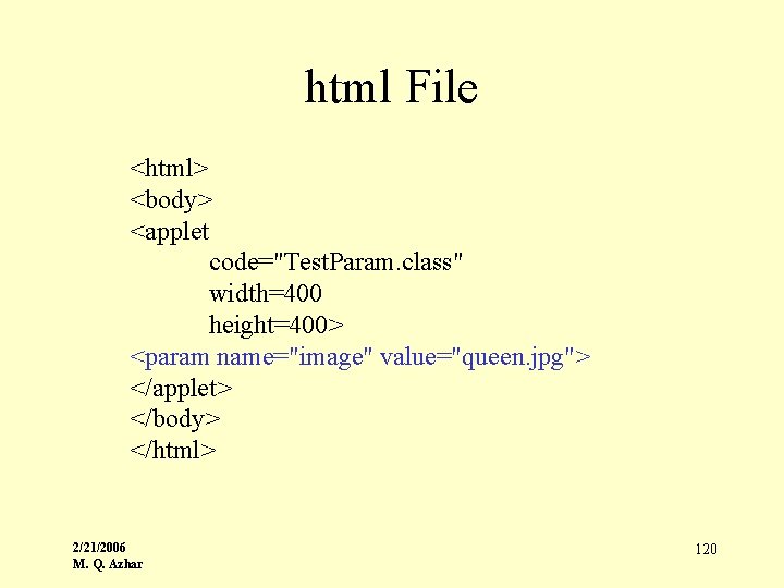 html File <html> <body> <applet code="Test. Param. class" width=400 height=400> <param name="image" value="queen. jpg">