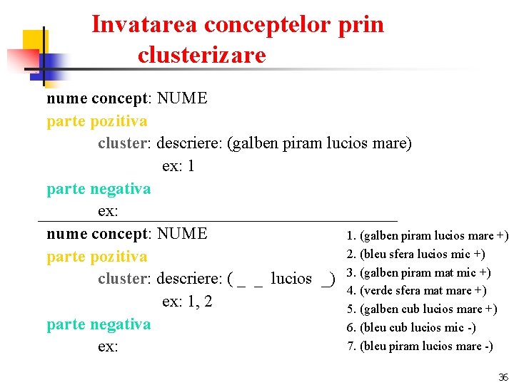 Invatarea conceptelor prin clusterizare nume concept: NUME parte pozitiva cluster: descriere: (galben piram lucios