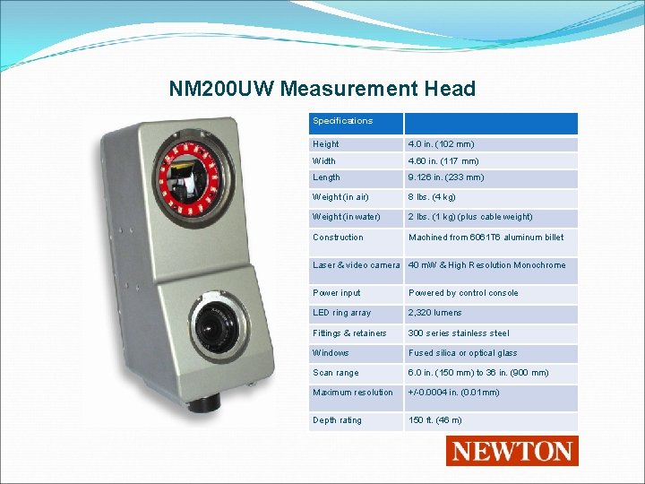 NM 200 UW Measurement Head Specifications Height 4. 0 in. (102 mm) Width 4.