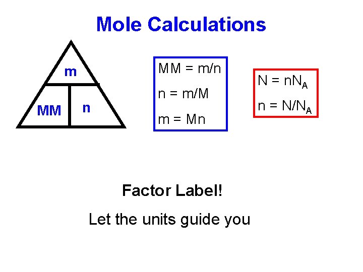 Mole Calculations MM = m/n m MM n n = m/M m = Mn