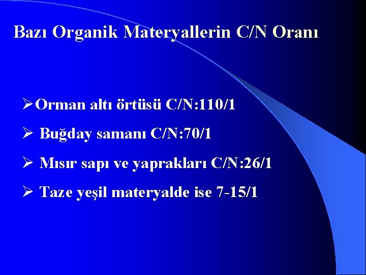 Bazı Organik Materyallerin C/N Oranı ØOrman altı örtüsü C/N: 110/1 Ø Buğday samanı C/N: