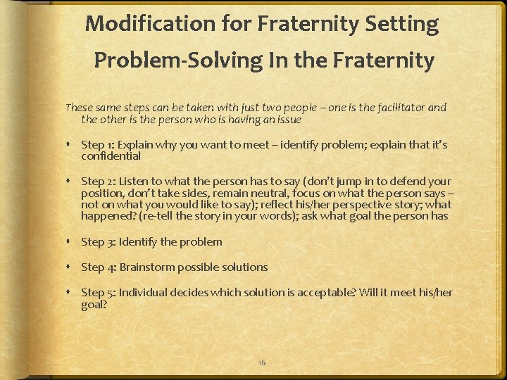 Modification for Fraternity Setting Problem-Solving In the Fraternity These same steps can be taken