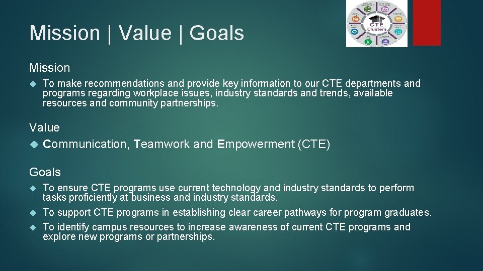 Mission | Value | Goals Mission To make recommendations and provide key information to